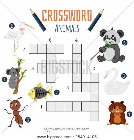 Vector Color Crossword, Education Game For Children About Animals
