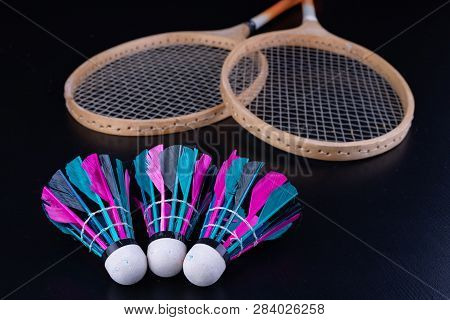 Colorful Feathers In The Badminton Shuttlecock. Team Play Set.