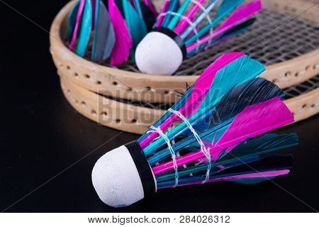 Colorful Feathers In The Badminton Shuttlecock. Team Play Set.
