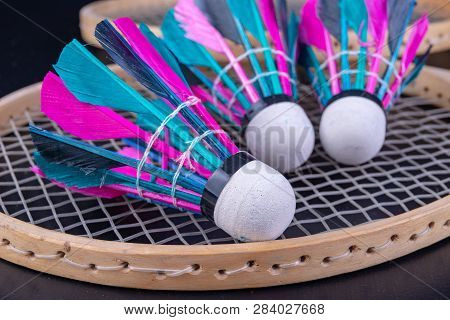 Colorful Feathers In The Badminton Shuttlecock. Team Play Set.