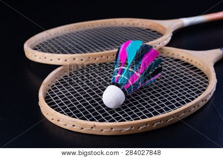 Colorful Feathers In The Badminton Shuttlecock. Team Play Set.
