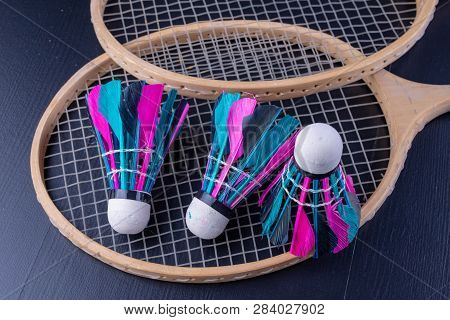 Colorful Feathers In The Badminton Shuttlecock. Team Play Set.
