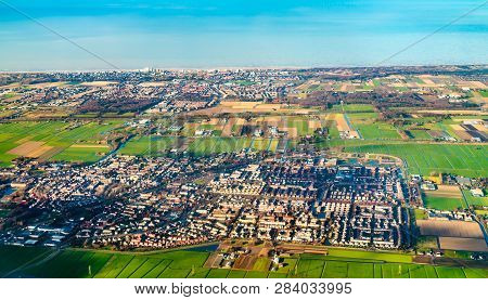 Aerial View Of Voorhout Village, Noordwijk Town And The North Sea In The Netherlands