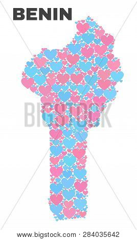 Mosaic Benin Map Of Valentine Hearts In Pink And Blue Colors Isolated On A White Background. Lovely 