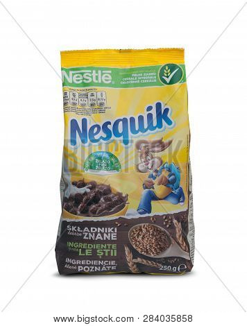 Chisinau, Moldova - February 2, 2019: Nestle Nesquik Breakfast Cereal For Breakfast. Isolated On Whi