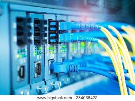 network cable connecting on network core switch close up