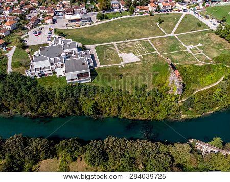 Drone View To The Destroyed Railway Bridge In River Neretva And Historical Museum In City Of Jablani
