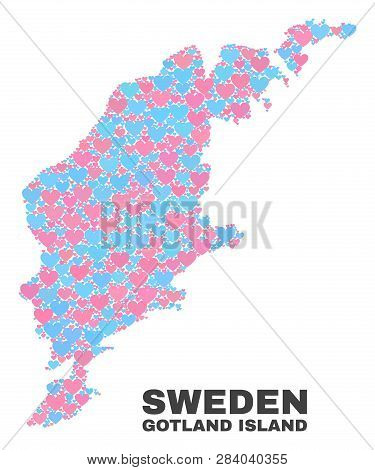 Mosaic Gotland Island Map Of Love Hearts In Pink And Blue Colors Isolated On A White Background. Lov