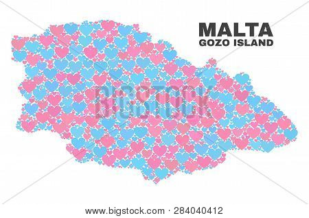 Mosaic Gozo Island Map Of Lovely Hearts In Pink And Blue Colors Isolated On A White Background. Love
