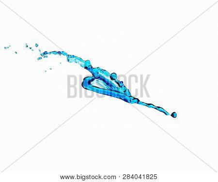 Blue Water Streak With Drops Against White Background.horizontal Image Orienation