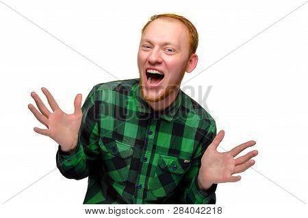 Isolated Portrait Of Red Hair Positive Man Show His Hands. Teenager Did Surprise. Redhead Guy Laughs