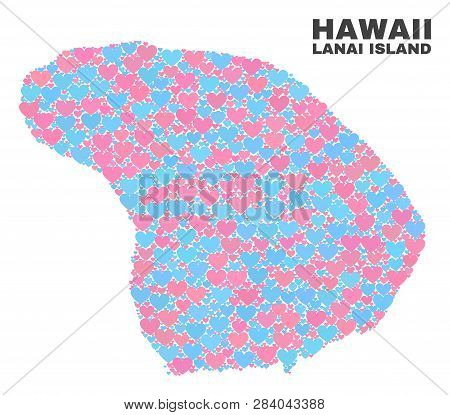 Mosaic Lanai Island Map Of Love Hearts In Pink And Blue Colors Isolated On A White Background. Lovel