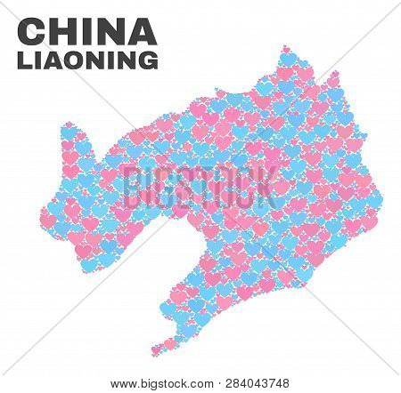 Mosaic Liaoning Province Map Of Love Hearts In Pink And Blue Colors Isolated On A White Background. 