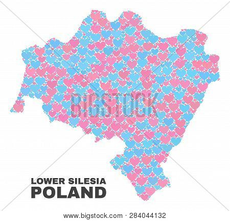 Mosaic Lower Silesia Province Map Of Lovely Hearts In Pink And Blue Colors Isolated On A White Backg