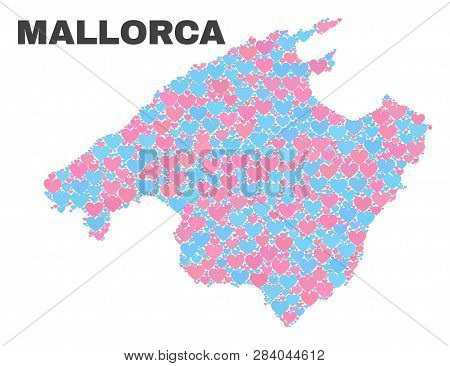 Mosaic Mallorca Map Of Love Hearts In Pink And Blue Colors Isolated On A White Background. Lovely He