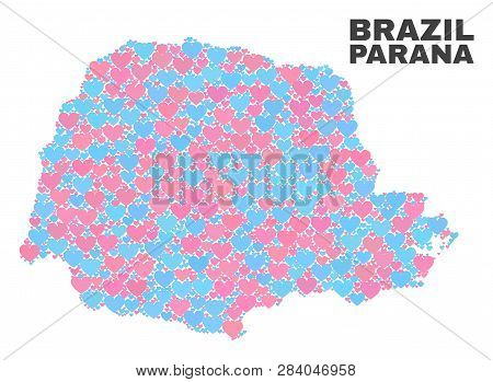 Mosaic Parana State Map Of Valentine Hearts In Pink And Blue Colors Isolated On A White Background. 