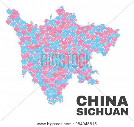 Mosaic Sichuan Province Map Of Love Hearts In Pink And Blue Colors Isolated On A White Background. L