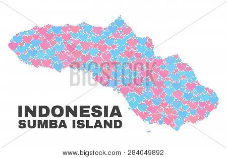 Mosaic Sumba Island Map Of Valentine Hearts In Pink And Blue Colors Isolated On A White Background. 