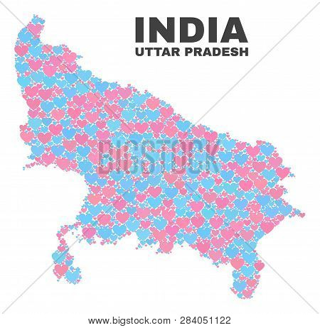Mosaic Uttar Pradesh State Map Of Valentine Hearts In Pink And Blue Colors Isolated On A White Backg