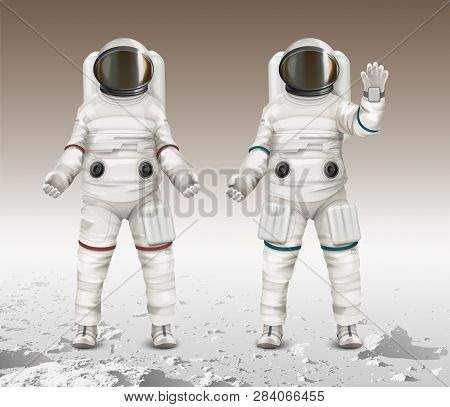 Vector Illustration Of Two Astronauts Wearing Space Suits And Walk Exploring Mars On Moon