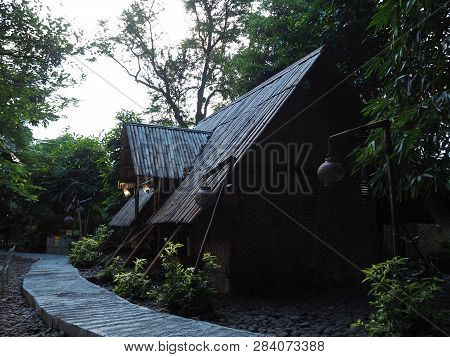Tangerang, Indonesia - October 19, 2018: A Traditional Bamboo Hut At Taman Bambu (bamboo Park).