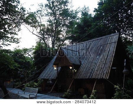 Tangerang, Indonesia - October 19, 2018: A Traditional Bamboo Hut At Taman Bambu (bamboo Park).