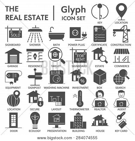 Realestate Glyph Signed Icon Set, House Symbols Collection, Vector Sketches, Logo Illustrations, Ren