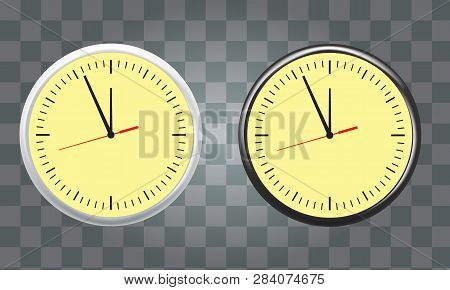 White And Black Wall Office Clock Icon Set Showing Five Minutes To Twelve. Vector Illustration.