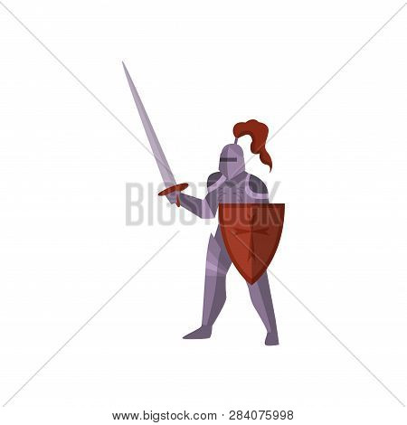 Close-up Of Knight Stands In Violet Armor, Raises Sword And Protects Body With Red Shield On White B