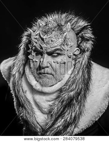 Senior Man With White Beard Dressed Like Monster. Alien, Demon, Sorcerer Makeup. Dark Arts Concept. 