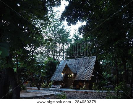 Tangerang, Indonesia - October 19, 2018: A Traditional Bamboo Hut At Taman Bambu (bamboo Park).