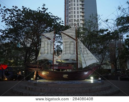 Tangerang, Indonesia - October 19, 2018: A Phinisi Boat Replica Stands At Taman Potret (portrait Par