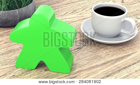 A large meeple next to a cup of coffee. 3d render