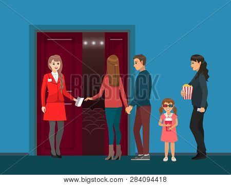 Movies Theatre, Cinema Hall Entrance, Spectators And Check-taker Vector. Woman With Popcorn, Girl In