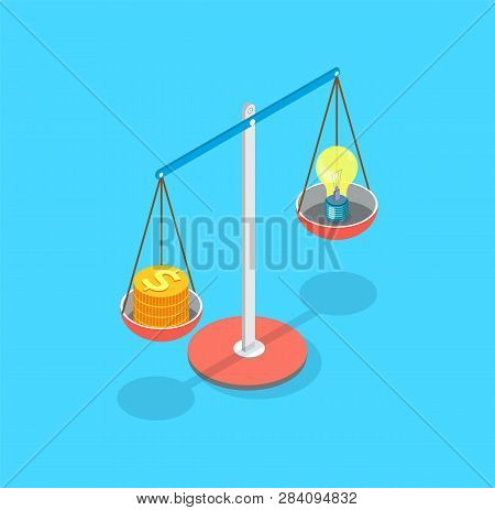 Golden Dollar Coins And Lightbulb Put On Scales Vector. Isolated Icon Of Measurement Of Resources Id