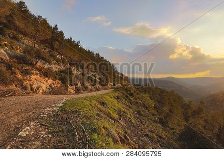 A Hiking Trail On Mount Eitan, Near Jerusalem, In The Golden Hour Before Sunset.