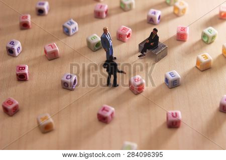 Top View Three Mini Figure Businessman Toy Talking Each Other