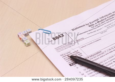 Photo Close Up Of Usa Tax Form Type 8843, Statement For Exempt Individuals And Individuals With A Me