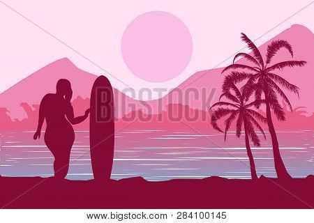 Tropical Landscape. Sea Landscape. Summer Background. Girl With Surfing Board. Flat Style Illustrati