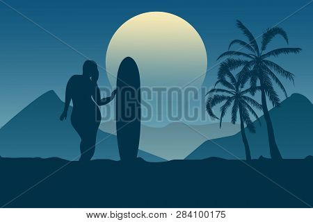 Tropical Landscape. Sea Landscape. Summer Background. Girl With Surfing Board. Flat Style Illustrati