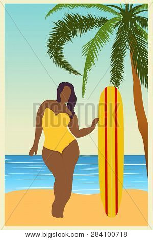 Tropical Landscape. Sea Landscape Summer Background Girl With Surfing Board Flat Style Illustration.