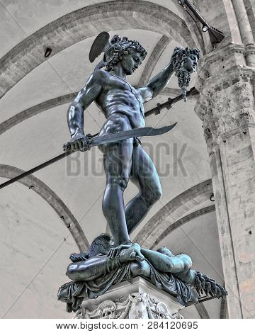 Statue Of Perseus With The Severed Head Of Medusa. Black And White Photography. Ancient Sculptures I