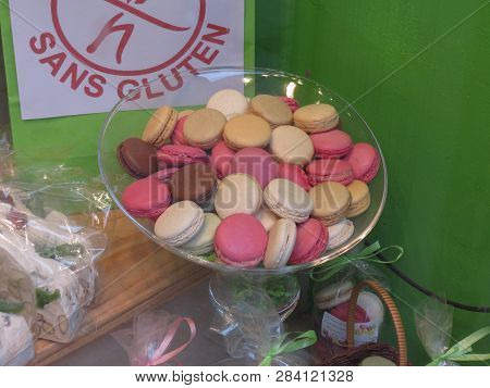 Carcassonne, France - Circa August 2018: Set Of French Cookies Macaroons Gluten Free (sans Gluten)