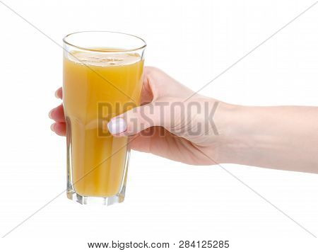Fruit Multifruit Orange Mango Juice In Hand On A White Background. Isolation