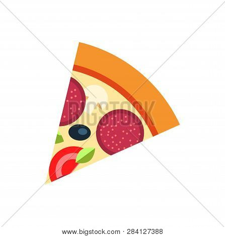 Slice Of Pizza With Salami, Olive And Tomato, Cheese And Mushroom. Morsel Cooking Dish With Meat, Gr