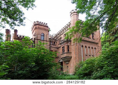 Old Palace In The Gothic Style Among Green Trees In Manor  Dakhovsky, Leskovo, Cherkasy Region, Ukra