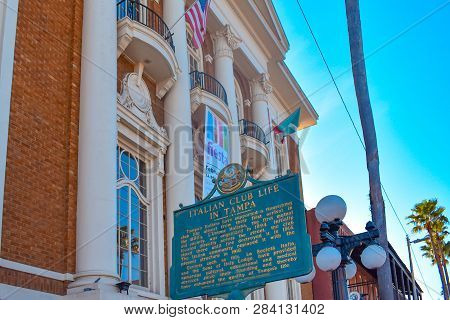 Ybor City (tampa Bay), Florida. January 08, 2019  Italian Club Life In Tampa Sign On Vintage Buildin