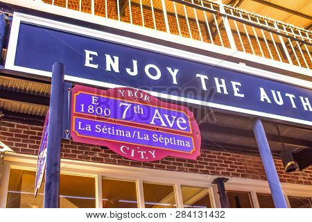 Ybor City Tampa Bay, Florida. January 19 , 2019   E 1800 7th Ave (la Septima) Sign On Vintage Buildi