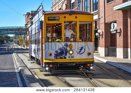 Ybor City Tampa Bay, Florida. January 19 , 2019  . Colorful Streetcar In 8th Ave. Ybor City Is A His