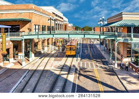 Ybor City Tampa Bay, Florida. January 19 , 2019  Panoramic View Of Centro Ybor Complex And Streetcar